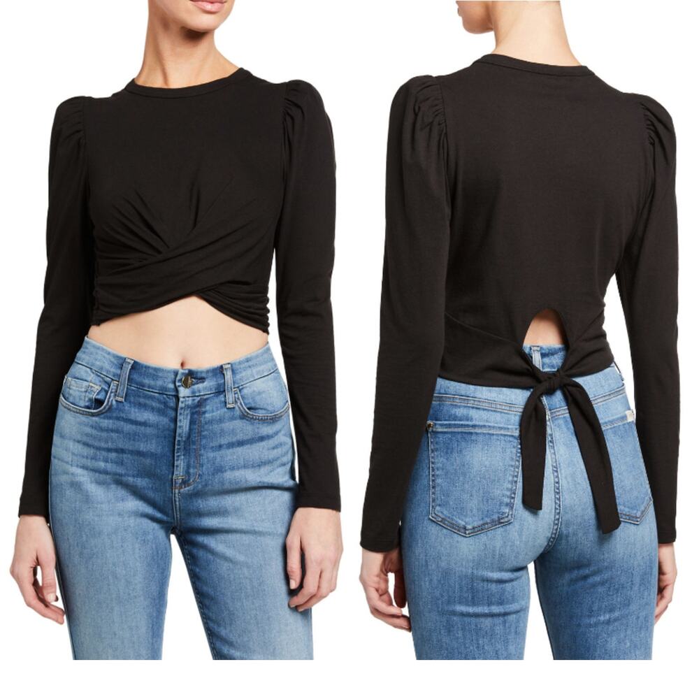 ALC Mandy Top Black Twist Front Tie Back Cut Out Keyhole Puff Sleeve SZ M